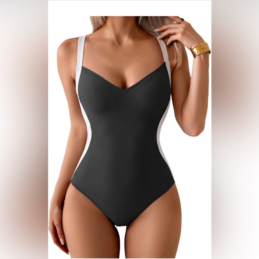 Eomenie Classic Black One-Piece Swimsuit with White Accents